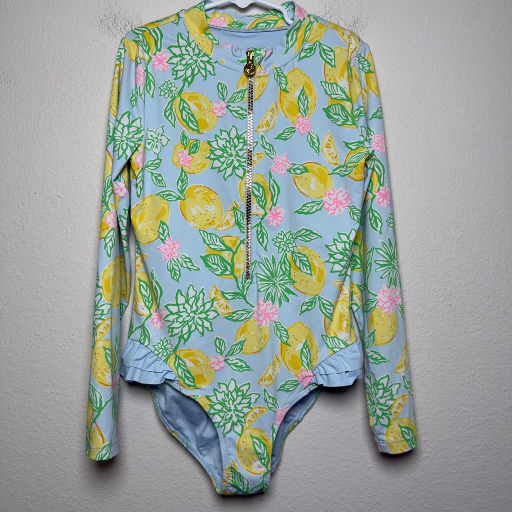 Lilly Pulitzer Girls Denning Rashguard Swimsuit 12 Blue Make Lemonade UPF 50+